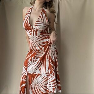 Tropical Halter Maxi Dress in Rust and White